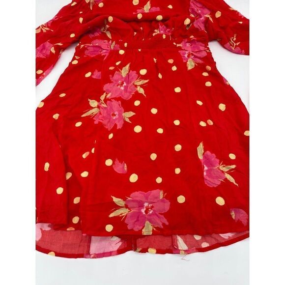 Free People Mini Dress Button Down Long Sleeves V Neck Sz XS Red w Flowers NWOT - Picture 9 of 13